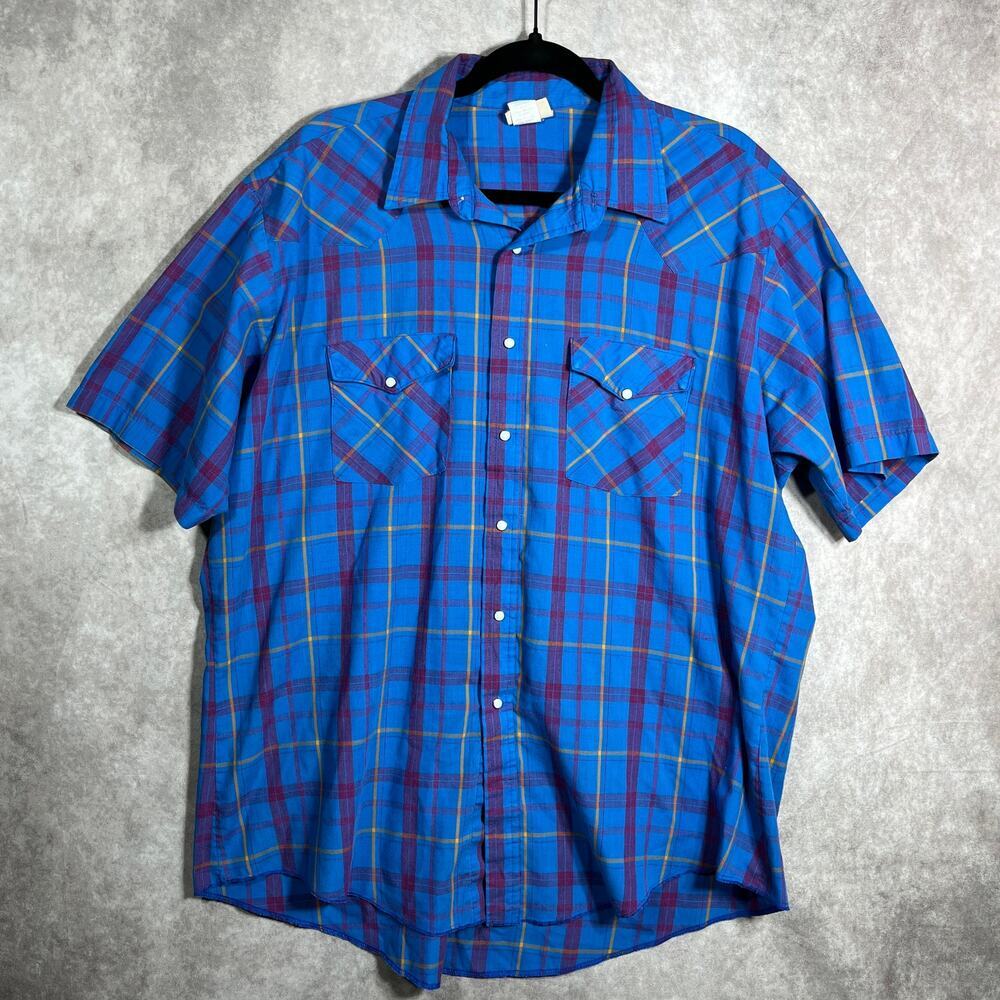 Vintage Saddlebrook Western Shirt Mens XL Blue Plaid Pearl‎ Snap Cowboy Rodeo